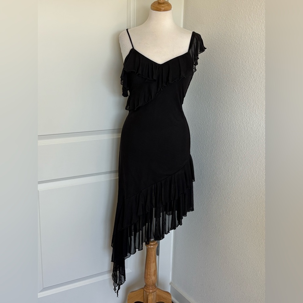 Women’s Asymmetrical Dress Ruffled Thin Strap Sz L Whimsigoth 90’s Y2K‎